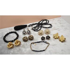 Gold Tone Black Jewelry Lot Necklace Bracelets Earrings Vintage Modern Clip Pier
